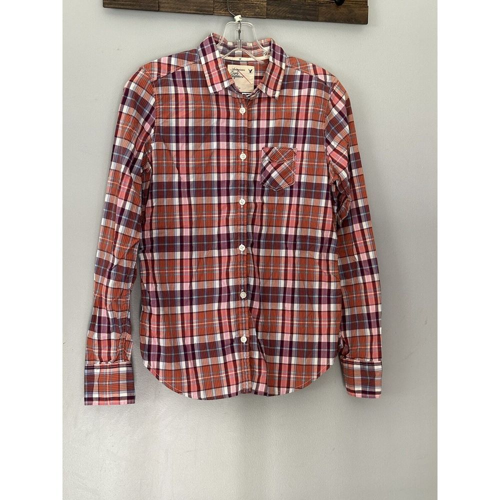 American Eagle Outfitters Women's Red Long Sleeve Button-Down Plaid Shirt Size 6